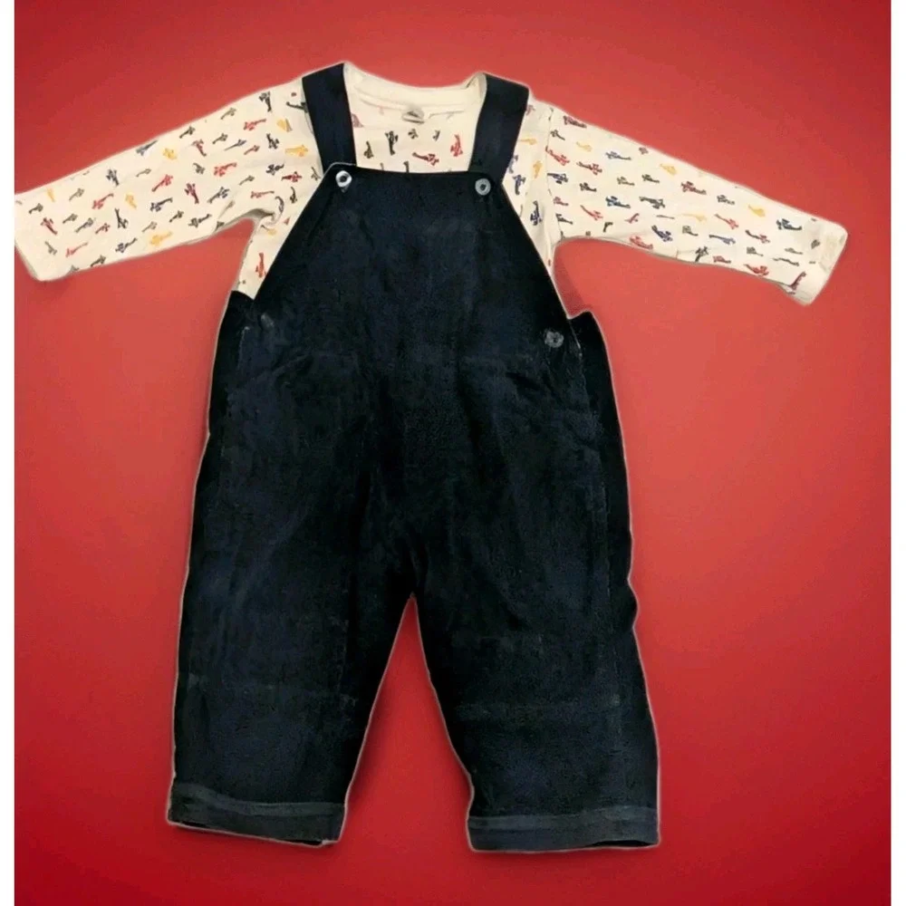 Vtg Baby GAP Y2K Soft Corduroy Navy Overalls & One Piece Airplane Shirt 12-18 mo